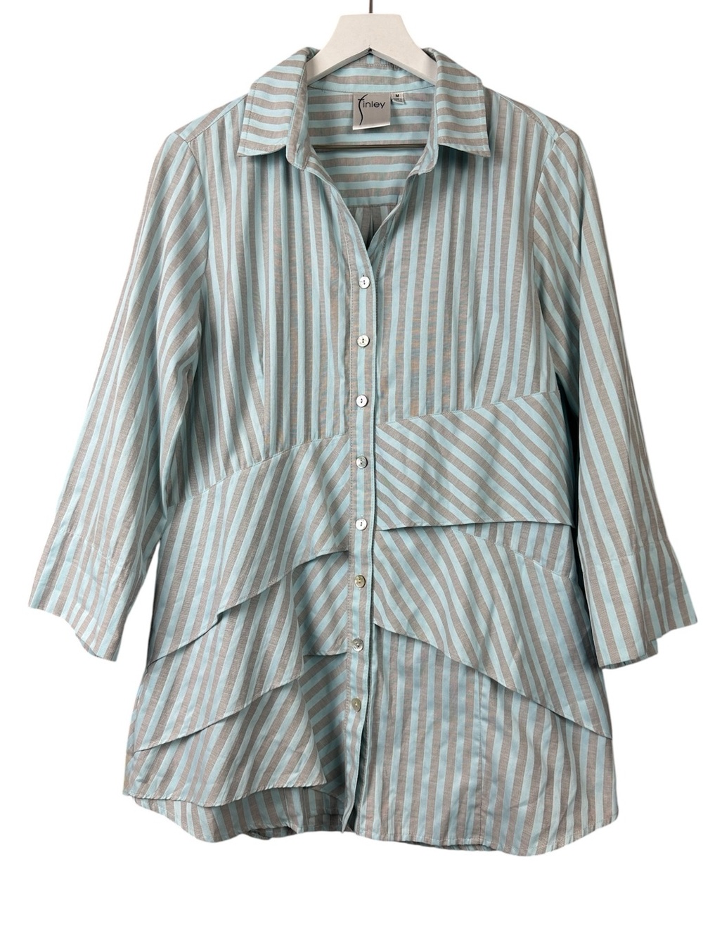 Finley Blue Grey Stripe Ruffle Button Down Tunic Top Blouse Women Sz M